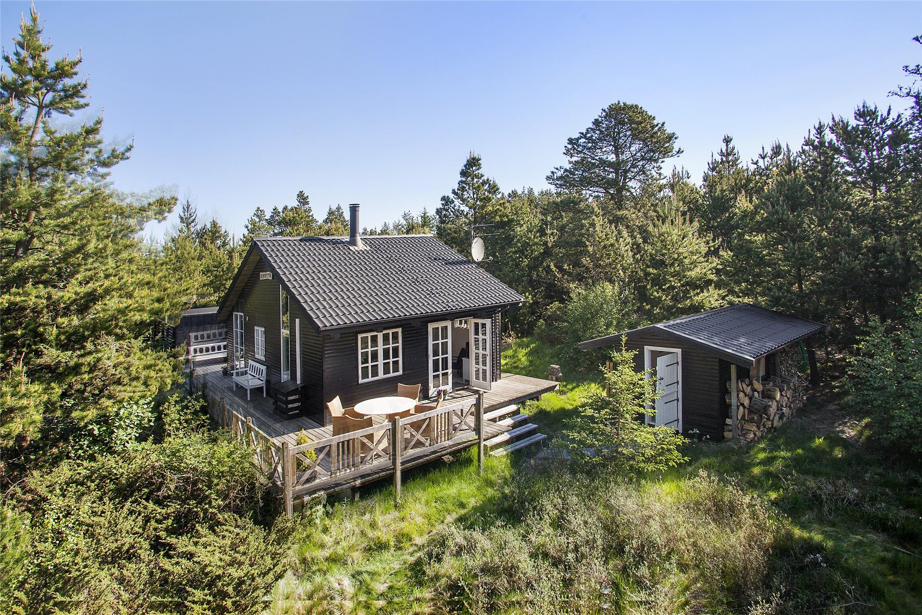 Sommerhuset på Dårdyrvej 3 i Tranum set udefra på en sommerdag med blå himmel