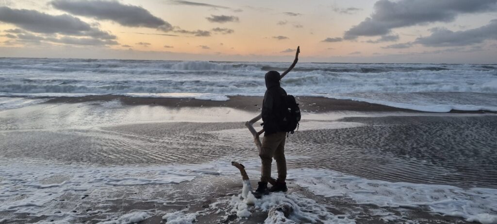 Person står på en stor gren på stranden og kigger ud over Vesterhavet