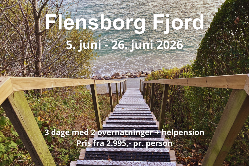 Trappe ned til Flensborg Fjord infomationstekst over billedet beskriver de tilgængelige datoer for vandreferier i området i 2026