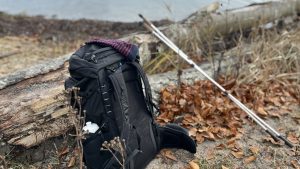 Vandrerygsæk og vandrestave står lænet op ad en faldet træstamme ved vandkanten i Sydfyn