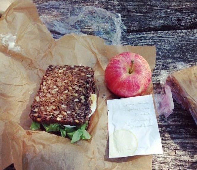 Klapsammen rugbrødsmad og æble lagt klar på et udendørs bord