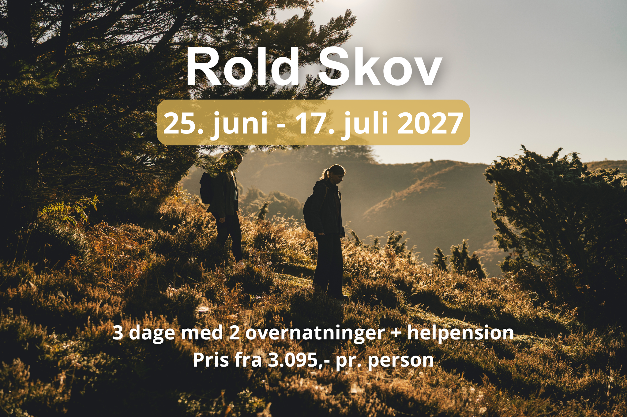 To personer på vandretur i solopgangen i Rold Skov