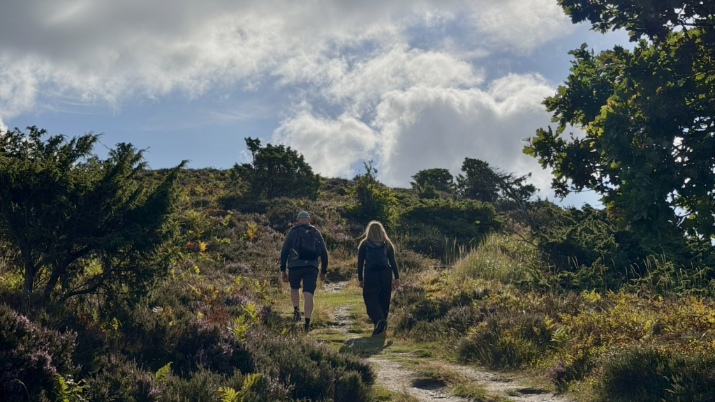 En kvinde og en mand går op ad en af bakkerne i Rold Skov på en lidt overskyet dag
